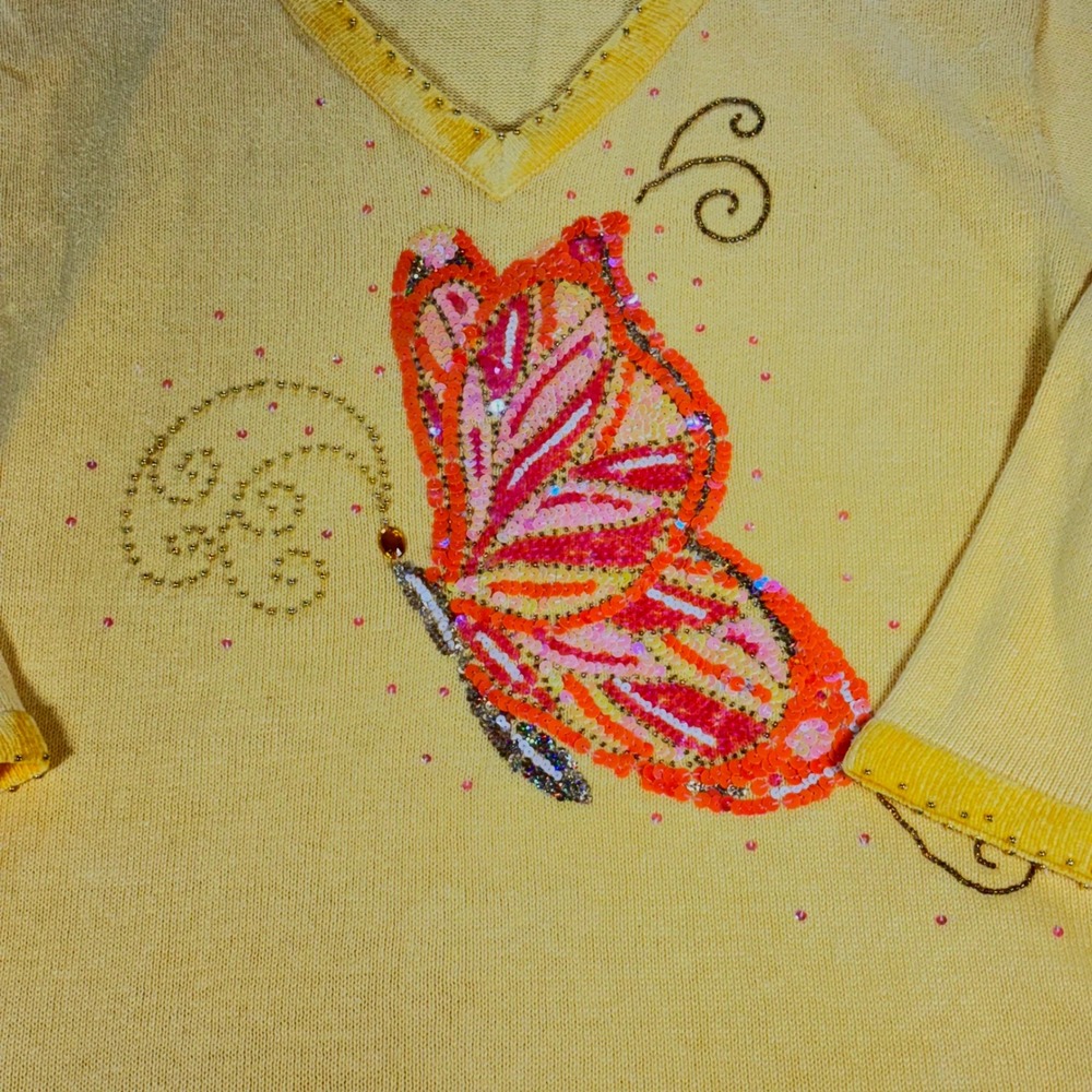 Vintage Quacker Factory‎ Yellow Butterfly Embellished V-Neck Sweater Cottagecore - Picture 3 of 8